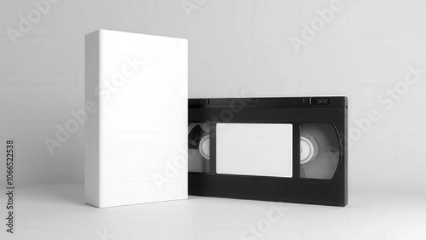 Obraz Minimalist VHS cassette mockup with blank label area and white case, perfect for retro designs.