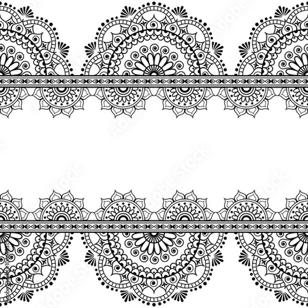 Fototapeta Seamless pattern mehndi Indian borders with mirrored flowers and geometric elements for tattoo.