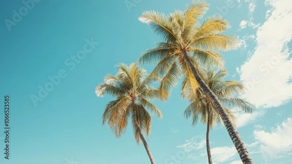 Fototapeta Palm trees set against a bright summer sky create a serene atmosphere on a tropical white sand beach. This palm tree scene embodies relaxation, perfect for nature wallpaper or poster templates.