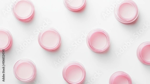Fototapeta Pink contact lens cases alongside solutions arranged on a clean white background, highlighting a minimalist beauty care theme. Perfect for visual storytelling with ample copy space.