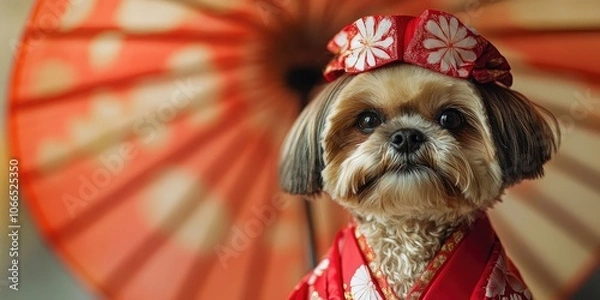 Fototapeta A lovely Shih Tzu dog is dressed in a striking red outfit inspired by traditional Japanese fashion, showcasing its charm and elegance in a vibrant way.