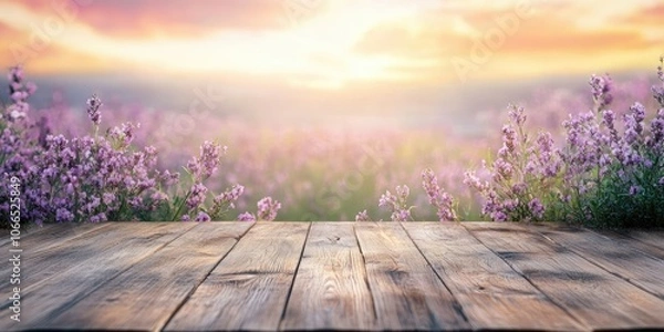 Fototapeta A wooden floor is present in the foreground, while a floral field, blurred in the background, creates a soft and dreamy atmosphere around it.