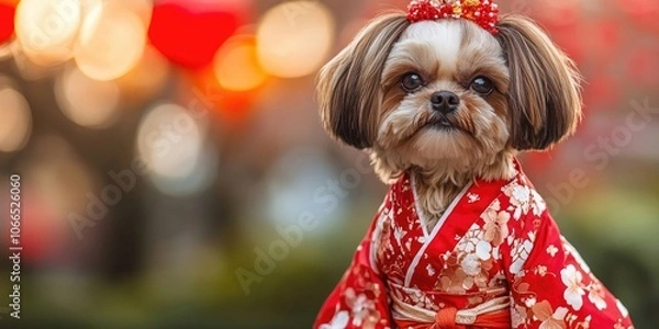Fototapeta A lovely Shih Tzu dog is dressed in a striking red outfit inspired by traditional Japanese fashion, showcasing its charm and elegance in a vibrant way.