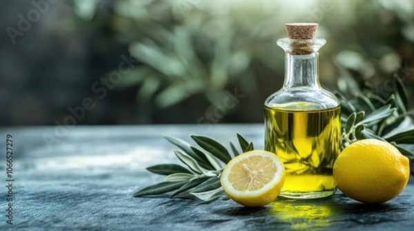Obraz Bottle of olive oil alongside a lemon and an olive branch, emphasizing the harmony of these natural elements. The composition offers copy space for text placement.