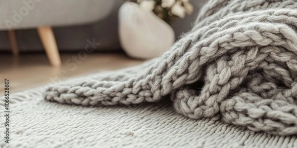 Fototapeta A close up view showcases a cozy, thick wool blanket knitted in a natural gray shade, beautifully resting on a light wooden surface.