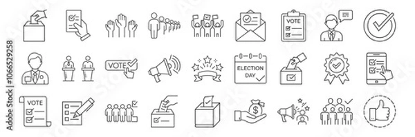 Obraz Voting, election line icon set. Vector pictograms of democratic processes, civic participation, ballot boxes, candidates, debates, voter engagement, checkmark thin linear illustration.