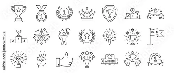 Obraz Victory, achievement line icon set. Vector pictograms of trophy, first place medal, celebration, laurel wreath, crown, and winner podium thin linear illustration.
