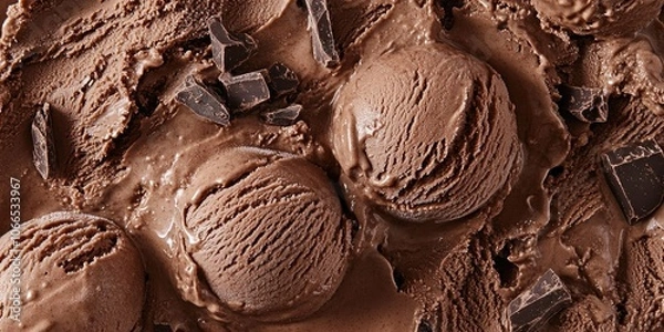 Fototapeta A close up view features rich, indulgent chocolate ice cream filled with delicious chunks of chocolate throughout.