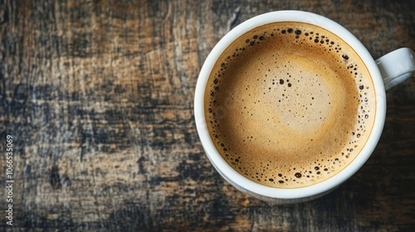 Fototapeta Top view of a coffee cup placed on a wooden table, offering ample copy space for creative text or design. Ideal element for advertisements or sales pages focused on coffee.