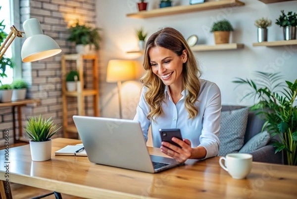 Fototapeta A woman is sitting at a desk with a laptop and a cell phone