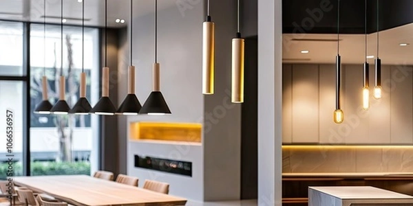Fototapeta Sleek tubular pendant lights that create a contemporary atmosphere and elevate the style of any space, adding a modern touch to your surroundings with their trendy design.