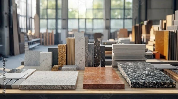 Fototapeta Diverse Collection of Building Material Samples on Display in a Sunlit Industrial Workshop Setting, Featuring a Variety of Textures and Colors
