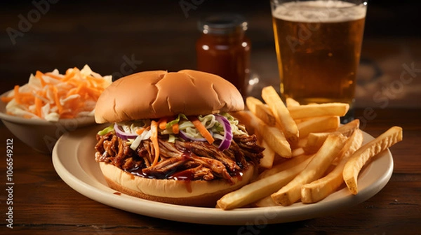 Fototapeta BBQ pulled pork burger with crispy fries and beer