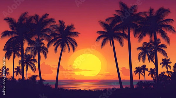 Fototapeta Tropical beach sunset with palm trees silhouetted against vibrant sky