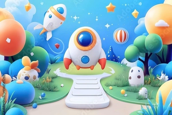 Fototapeta A vibrant illustration of a whimsical landscape featuring playful rockets, colorful trees, and cheerful celestial elements.