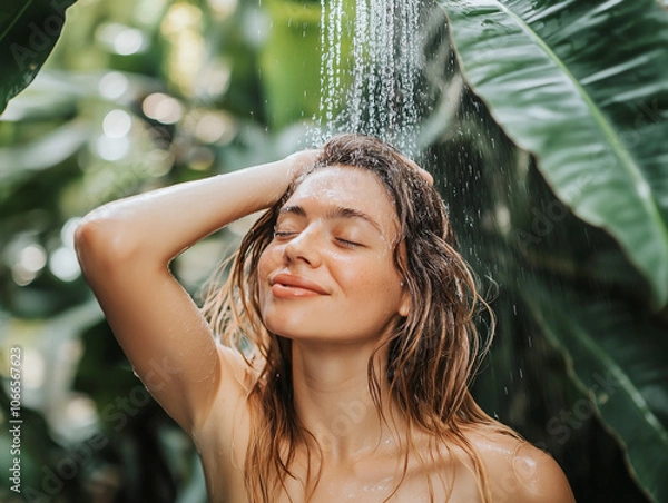 Fototapeta Woman enjoying an outdoor shower surrounded by lush greenery, laughing under the water stream, connecting with nature in a carefree moment.
