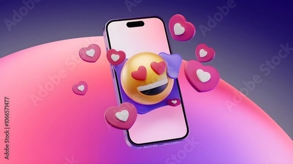 Obraz Modern smartphone displaying heart-eyes emoji surrounded by floating pink heart icons on gradient pink and purple background. Clean 3D rendering style with soft shadows and reflections. AI generated.
