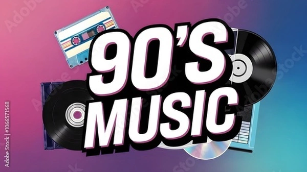 Obraz A vibrant collage of 90s music media including vinyl records, cassette tapes, and CDs. AI generated.
