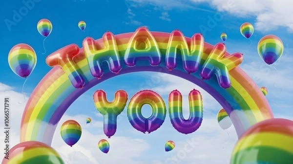 Obraz Rainbow-colored balloons form a "Thank You" message against a bright blue sky with fluffy clouds. AI generated.