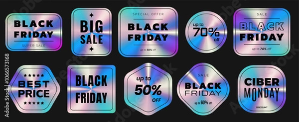 Fototapeta Black Friday Holographic Stickers set. Labels with holographic Neon effect. Shiny rainbow emblems Ciber Monday, Sale. Isolated Vector Illustration
