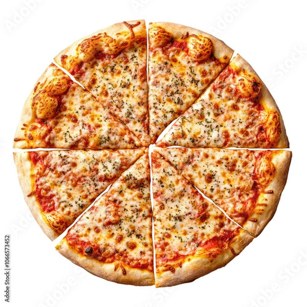 Fototapeta A plain pizza without toppings with perfect slices, delicious melted cheese and sauce, top view. transparent background