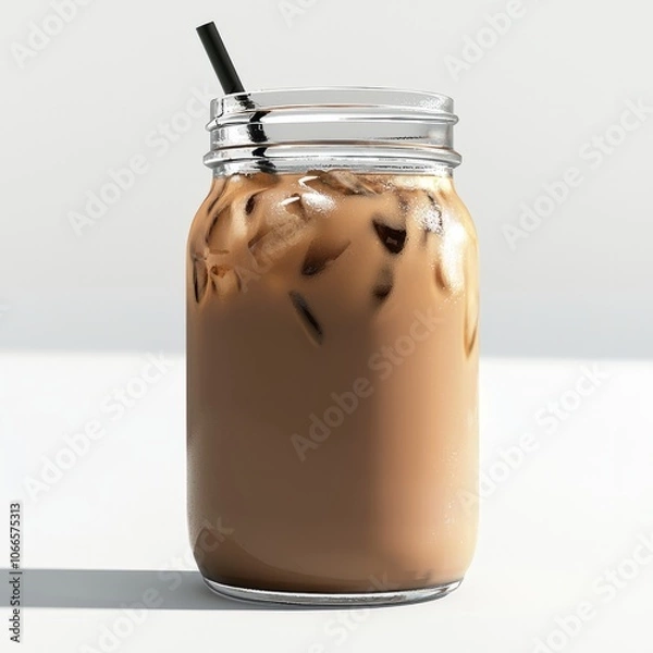 Fototapeta Low Poly 3D Render of a mason jar of iced coffee, on isolated white background