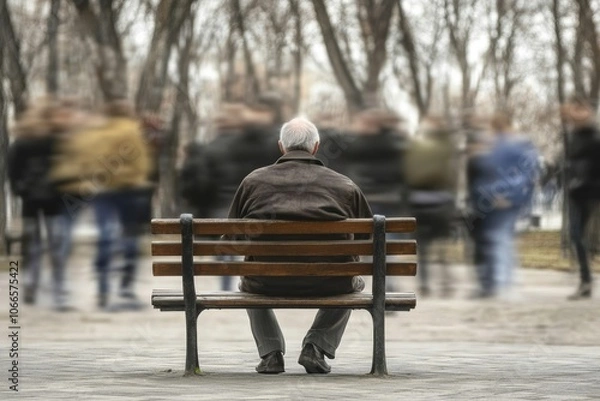 Fototapeta An elderly man sitting alone on a park bench, while young people rush by