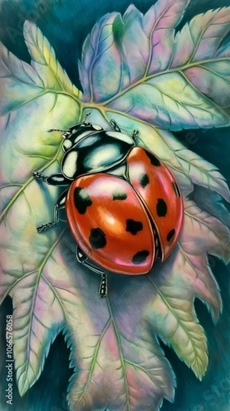 Fototapeta Colored pencil portrait of a ladybug sitting on a leaf. 