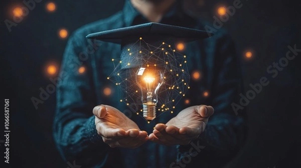Fototapeta E-learning graduate certificate program concept. man holding lightbulb showing graduation hat 