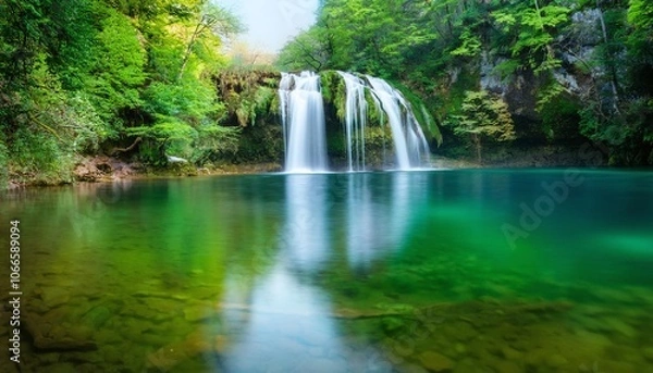 Fototapeta Tranquil Waterfall in Forest with Reflective Lake