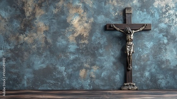 Fototapeta Religious crucifix cross upright on wooden table background with copy space 