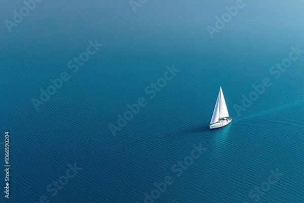 Fototapeta Sailboat Gliding on Open Blue Sea, Minimalist aerial view of a white sailboat sailing across a vast, calm blue sea, symbolizing freedom, tranquility, and exploration on open waters.

