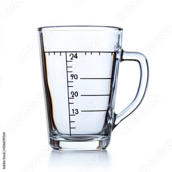 Obraz A glass measuring cup with a handle, filled with water, on a white background.