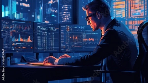 Fototapeta A banker in a suit works at a desk handling loans analyzing client financial data