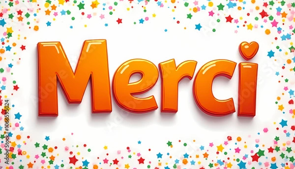 Fototapeta Cheerful "Merci" inscription in orange surrounded by colorful stars and confetti on a bright background