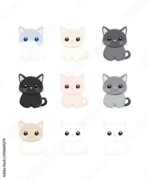 Fototapeta Cartoon kitties or cats standing or sitting with different colored fur and markings.