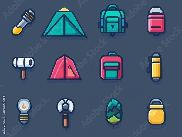 Obraz Comprehensive icon set featuring essential camping gear tent backpack and flashlight essentials for outdoor adventures