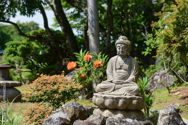 Fototapeta Greeting card with ancient statue great Buddha on holiday composition