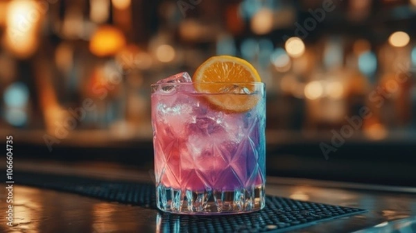 Fototapeta Vibrant close up of an exotic pink blue cocktail with ice and lemon on a bar counter