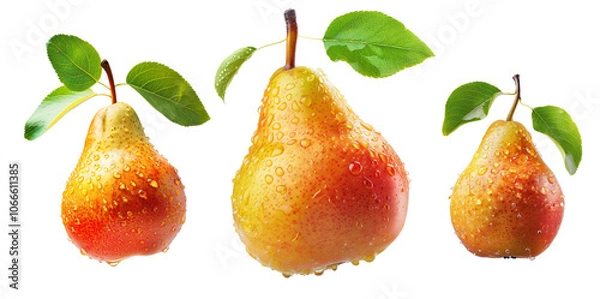 Fototapeta Fresh juicy pear with water droplets and leaf isolated on a white background, highlighting its natural beauty and freshness