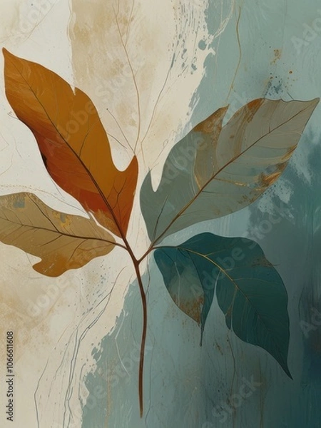Obraz Modern Abstract Art Featuring Tranquil Leaves in Teal Turquoise and Golden Hues
