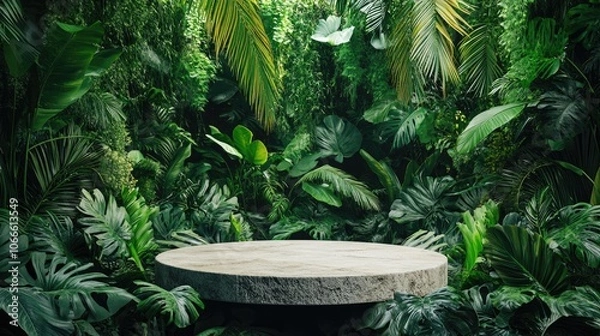Fototapeta Stone Podium Set Against a Verdant Tropical Jungle for Showcasing Products