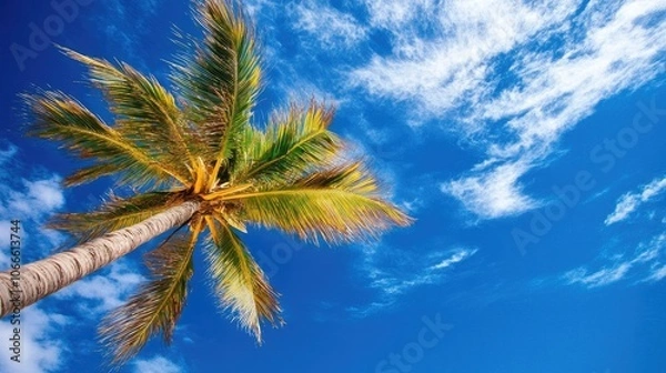 Fototapeta Tropical beach scene featuring a coconut palm against a backdrop of a clear blue sky
