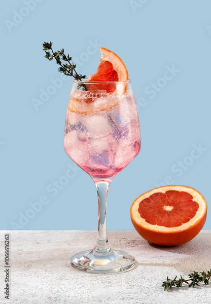 Obraz Refreshing grapefruit cocktail with ice and thyme. Cocktail of fresh pink Paloma