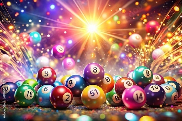Obraz Creative Double Exposure of Colorful Bingo Lottery Balls Merging with Abstract Celebration Background for Vibrant Visuals and Exciting Luck Concepts