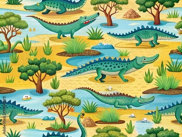 Fototapeta Cute Crocodiles and African Nature Elements Seamless Pattern Vector Illustration for Fun and Creative Design Projects