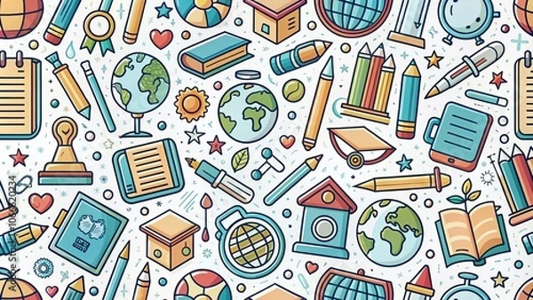 Fototapeta Cute School Background Seamless Pattern Design with Hand-Drawn Icons for Banners and Educational Materials, Ideal for Classroom Decor and Children's Learning Environments