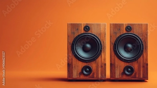 Fototapeta Two wooden speakers with a black cone on a orange background.