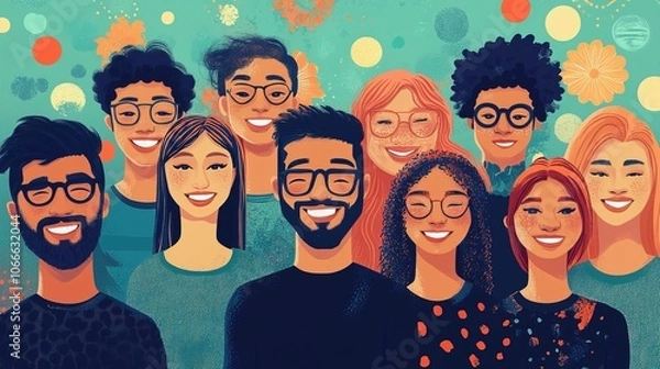 Fototapeta A group of people are smiling for a picture. Scene is happy and friendly 
