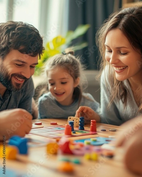Obraz Happy family playing a board game together at home.